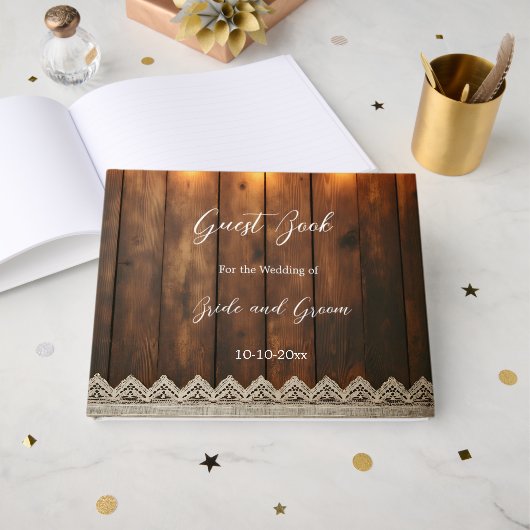 Rustic Wood and Lace Wedding Guest Book Gastenboek (Voorkant open)