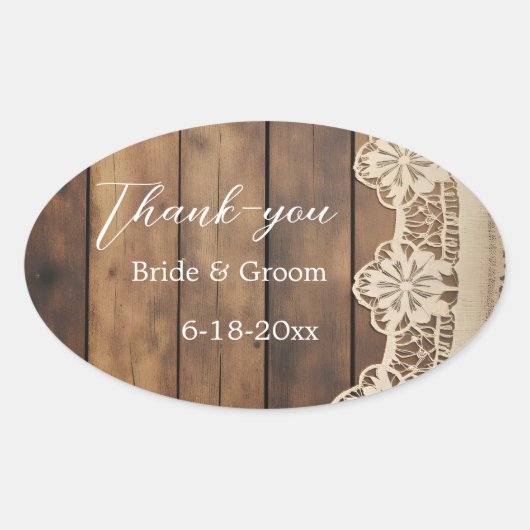 Rustic Wood and Lace Wedding Thank-you Sticker (Voorkant)