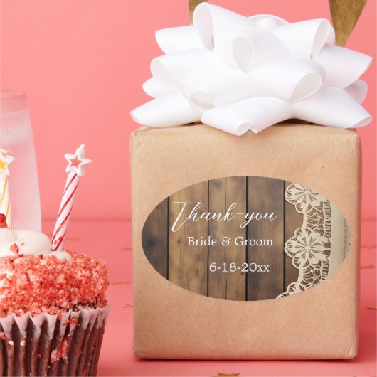 Rustic Wood and Lace Wedding Thank-you Sticker (Feest)