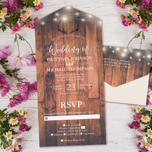 Rustic Wood Antler String Lights Wedding All In One Uitnodiging