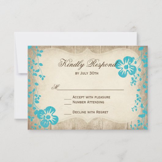 Rustic Wood Aqua Beach Flowers Weddenschap RSVP-ka RSVP Kaartje (Voorkant)