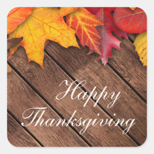 Rustic Wood Autumn Maple Leaves Happy Thanksgiving Vierkante Sticker