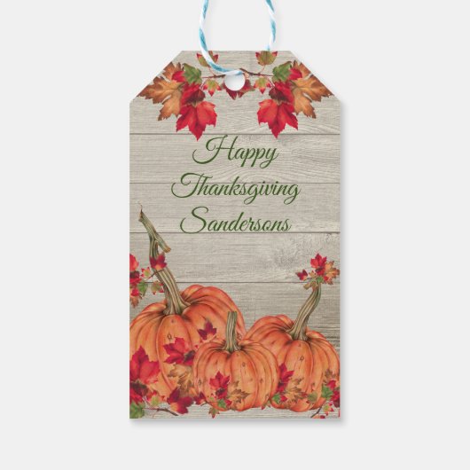 Rustic Wood Autumn Oranje pomkins Fall Leaves Gi Cadeaulabel (Achterkant)