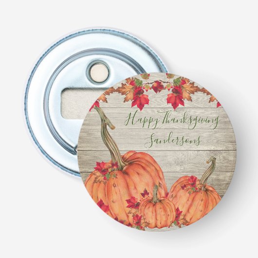 Rustic Wood Autumn Oranje pompoenen Button Flesopener (Voorkant)