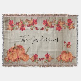 Rustic Wood Autumn Oranje pompoenen vallen voorbij Deken