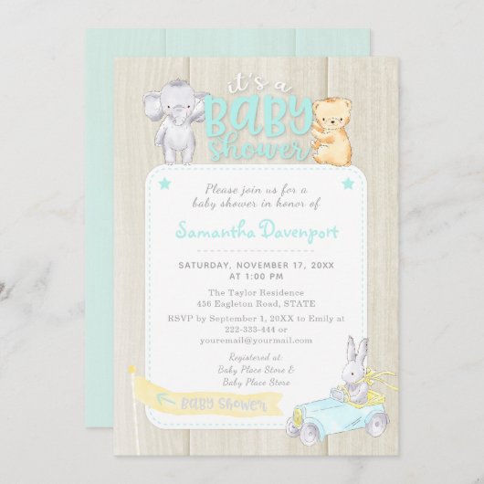 Rustic Wood Baby Animals Douche Uitnodiging | Mint (Voorkant / Achterkant)