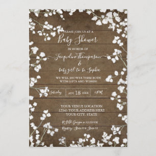 Rustic Wood Babys Breath Floral Baby Girl Shower Kaart