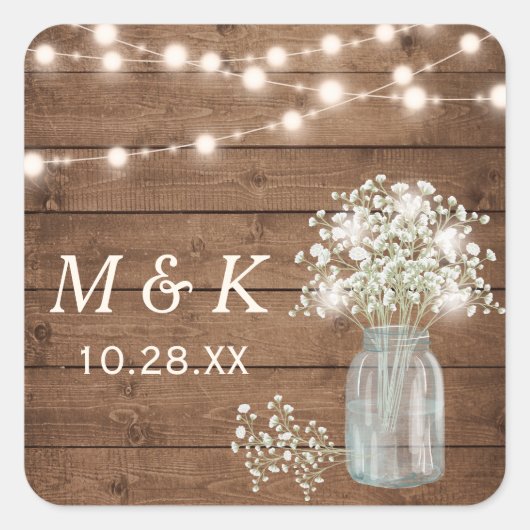 Rustic Wood Baby's Breath Floral Wedding Monogram Vierkante Sticker (Voorkant)