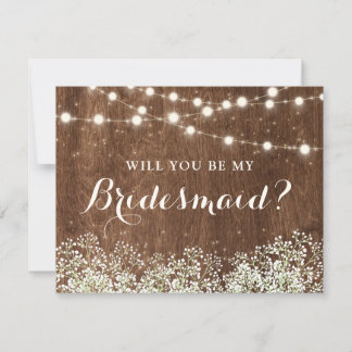 Rustic Wood Baby's Breath String Lights Bridesmaid Kaart