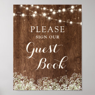 Rustic Wood Baby's Breath Wedding Guest Sign Poster