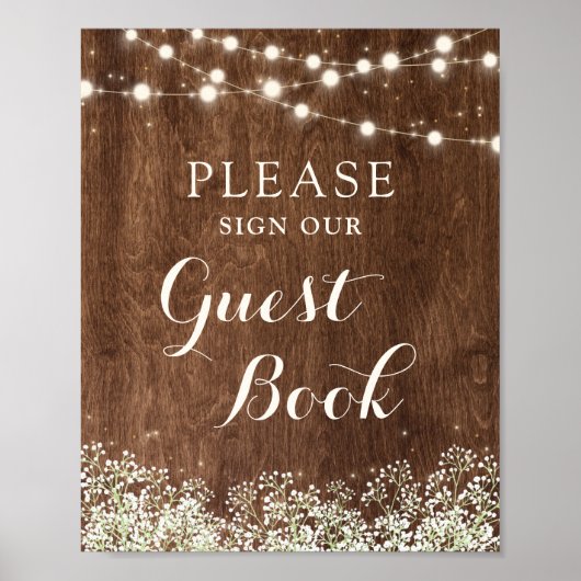Rustic Wood Baby's Breath Wedding Guest Sign Poster (Voorkant)