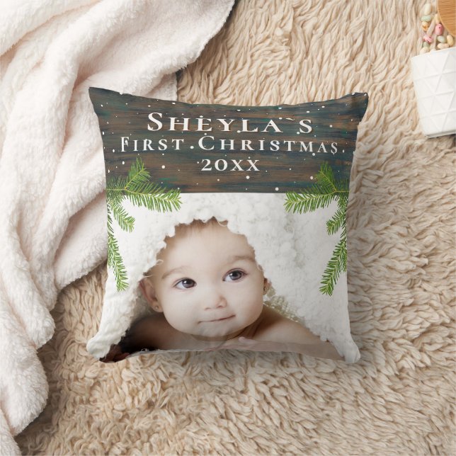 Rustic Wood Baby's eerste kerstfoto Kussen (Deken)