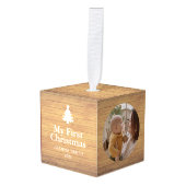 Rustic Wood Baby's First Christmas Name Photo  Kubus Ornament (Voorkant hoekig)