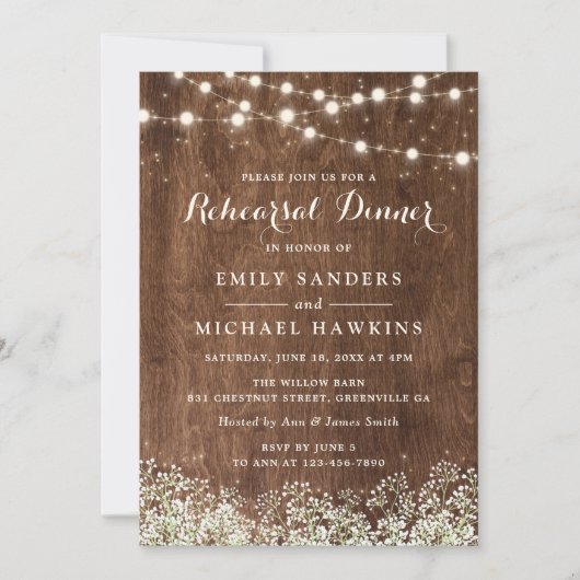 Rustic Wood Baby's Rreath String Lights Rehearsal Kaart (Voorkant)