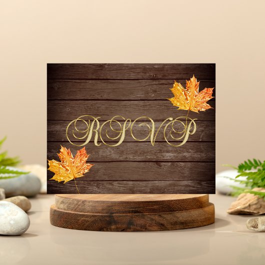 Rustic Wood Barn Gold Oranje Leaf Wedding RSVP Briefkaart