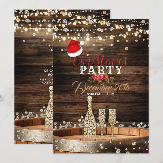 Rustic Wood Barrel Lights Champagne Kerstmis Kaart (Voorkant / Achterkant)