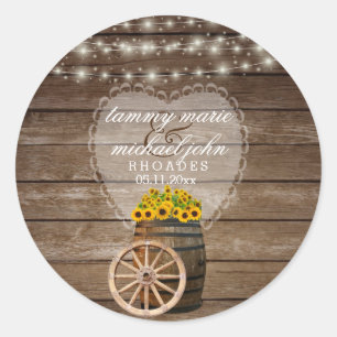 Rustic Wood Barrel Weddenschap met zonnebloemen Ronde Sticker