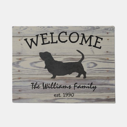 Rustic Wood Basset Hound Waterverf Silhouette Deurmat (Voorkant)