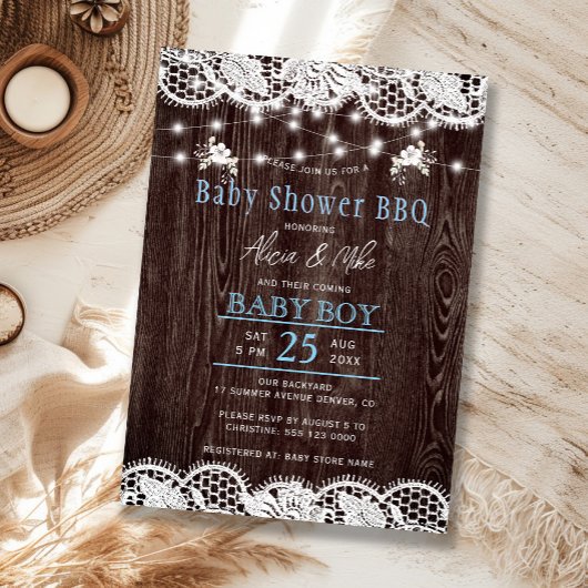 Rustic wood BBQ boy baby shower Kaart