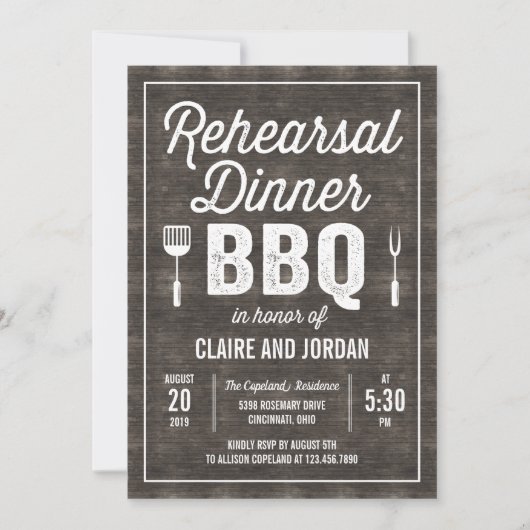 Rustic Wood BBQ Rehearsal Dinner Invitation RWC Kaart (Voorkant)