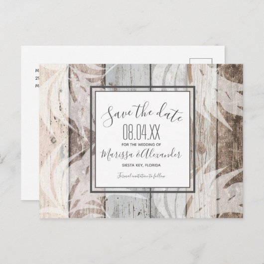 Rustic Wood Beach Palm Tree Bewaar de Data Aankondigingskaart (Voorkant / Achterkant)