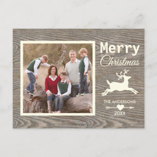 Rustic Wood Beige Reindeer Kerstfamilie Foto Feestdagenkaart