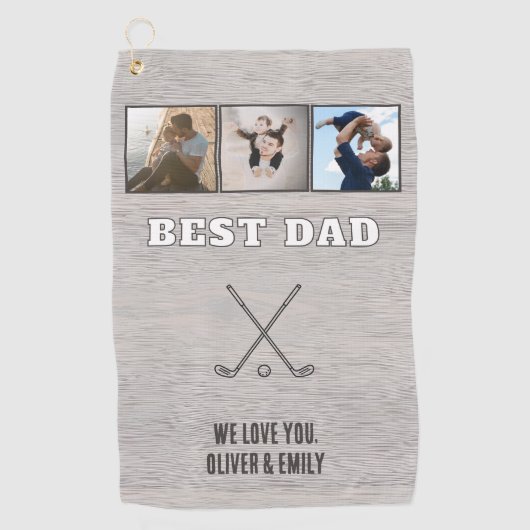 Rustic Wood Best Dad 3 Photo Collage Keepsake Golfhanddoek (Voorkant)