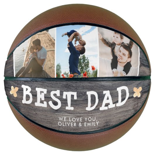 Rustic Wood Best Dad 3 Photo Collage Keepslag Basketbal (Voorkant)