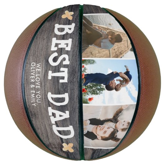 Rustic Wood Best Dad 3 Photo Collage Keepslag Basketbal (Verticaal)