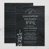 Rustic Wood Black BBQ Afstudeerfeest Kaart (Voorkant / Achterkant)