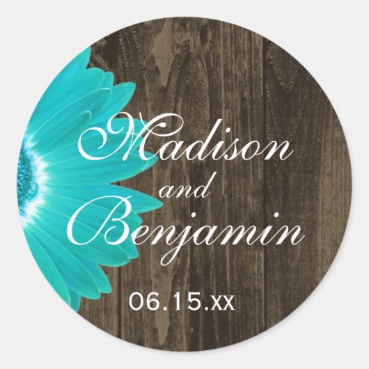 Rustic Wood Blauwgroen Daisy Wedding Favor Sticker (Voorkant)