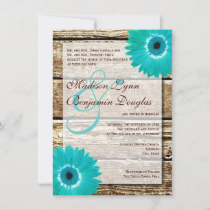 Rustic Wood Blauwgroen Gerber Daisy Wedding Invita Kaart