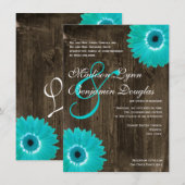 Rustic Wood Blauwgroen Gerber Daisy Wedding Invita Kaart (Voorkant / Achterkant)