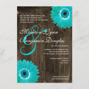 Rustic Wood Blauwgroen Gerber Daisy Wedding Invita Kaart