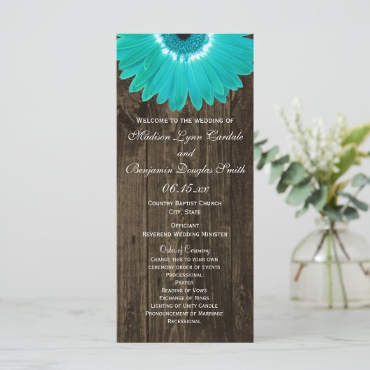 Rustic Wood Blauwgroen Gerber Daisy Wedding Progra Programma (Staand voorkant)