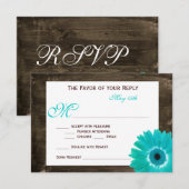 Rustic Wood Blauwgroen Gerber Daisy Wedding RSVP-k RSVP Kaartje (Voorkant / Achterkant)