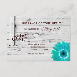 Rustic Wood Blauwgroen Gerber Daisy Wedding RSVP-k RSVP Kaartje