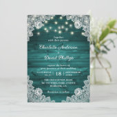 Rustic Wood Blauwgroen Lace String Lights Wedding Kaart (Staand voorkant)