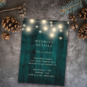 Rustic Wood Blauwgroen String Lights Wedding Recep Informatiekaartje