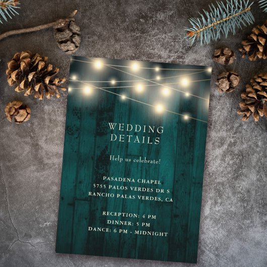 Rustic Wood Blauwgroen String Lights Wedding Recep Informatiekaartje