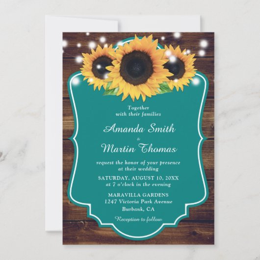 Rustic Wood Blauwgroen Sunflower Wedding Kaart (Voorkant)