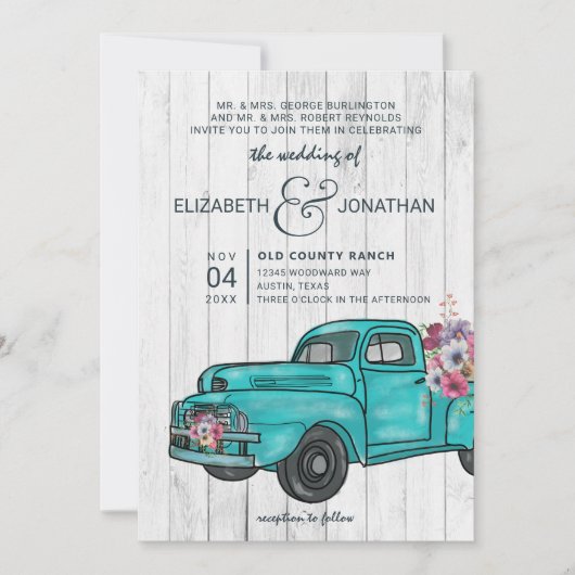 Rustic Wood  Blauwgroen Truck Boho Wedding Kaart (Voorkant)