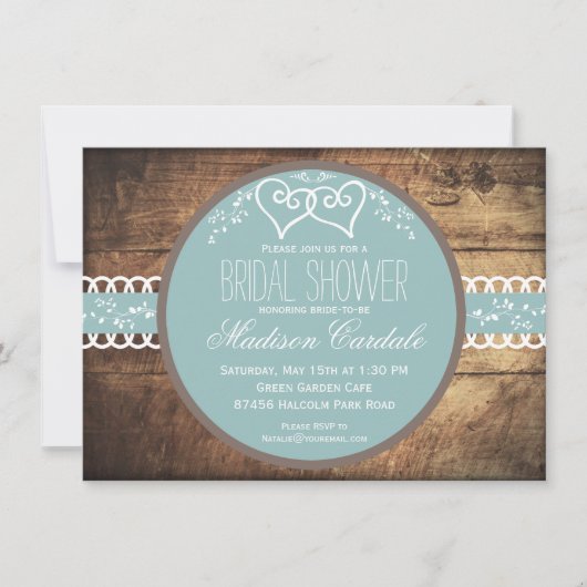 Rustic Wood Blue Bridal Shower Invitations Kaart (Voorkant)
