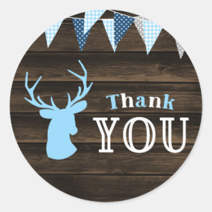 Rustic Wood Blue Deer Boy Baby shower Dank je Ronde Sticker