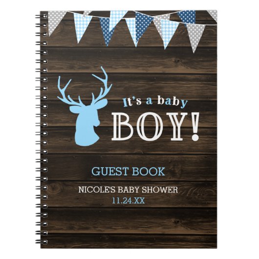 Rustic Wood Blue Deer Boy Baby shower Livre d'or (Devant)