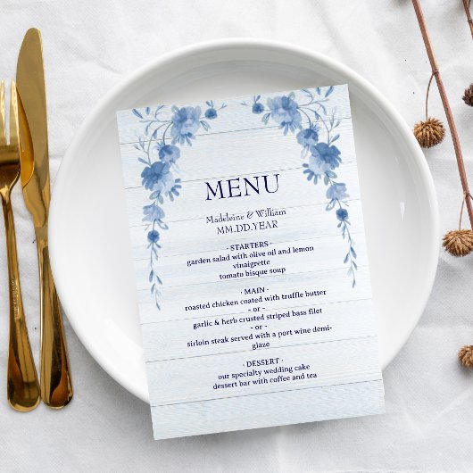 Rustic Wood  Blue Floral Elegant Wedding Menu