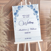 Rustic Wood Blue Floral Wedding Welcome Sign Poster