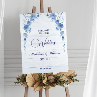 Rustic Wood Blue Floral Wedding Welcome Sign Poster