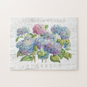 Rustic Wood Blue Hydrangea Monogrammen Legpuzzel (Horizontaal)