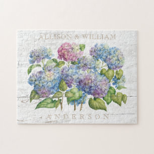 Rustic Wood Blue Hydrangea Monogrammen Legpuzzel
